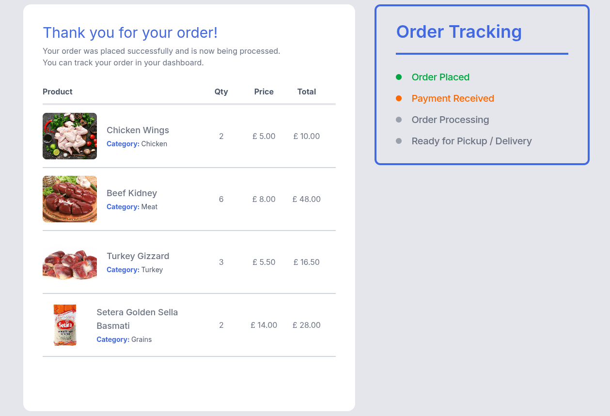 Order tracking interface showing placed and payment-received statuses