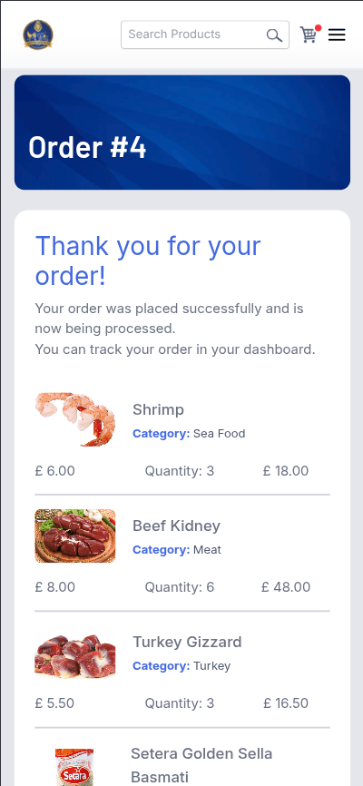 Mobile cart view with quantity controls
