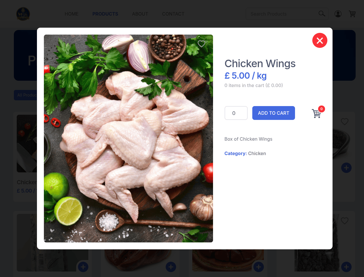 Product detail modal for chicken wings with add to cart action