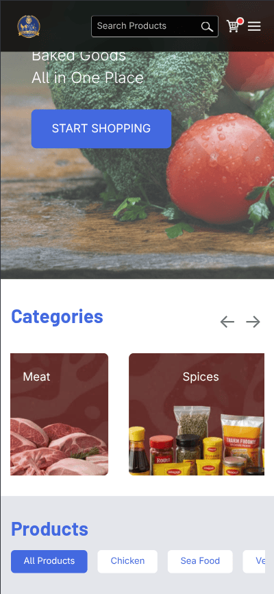 Mobile homepage showing categories and product listings